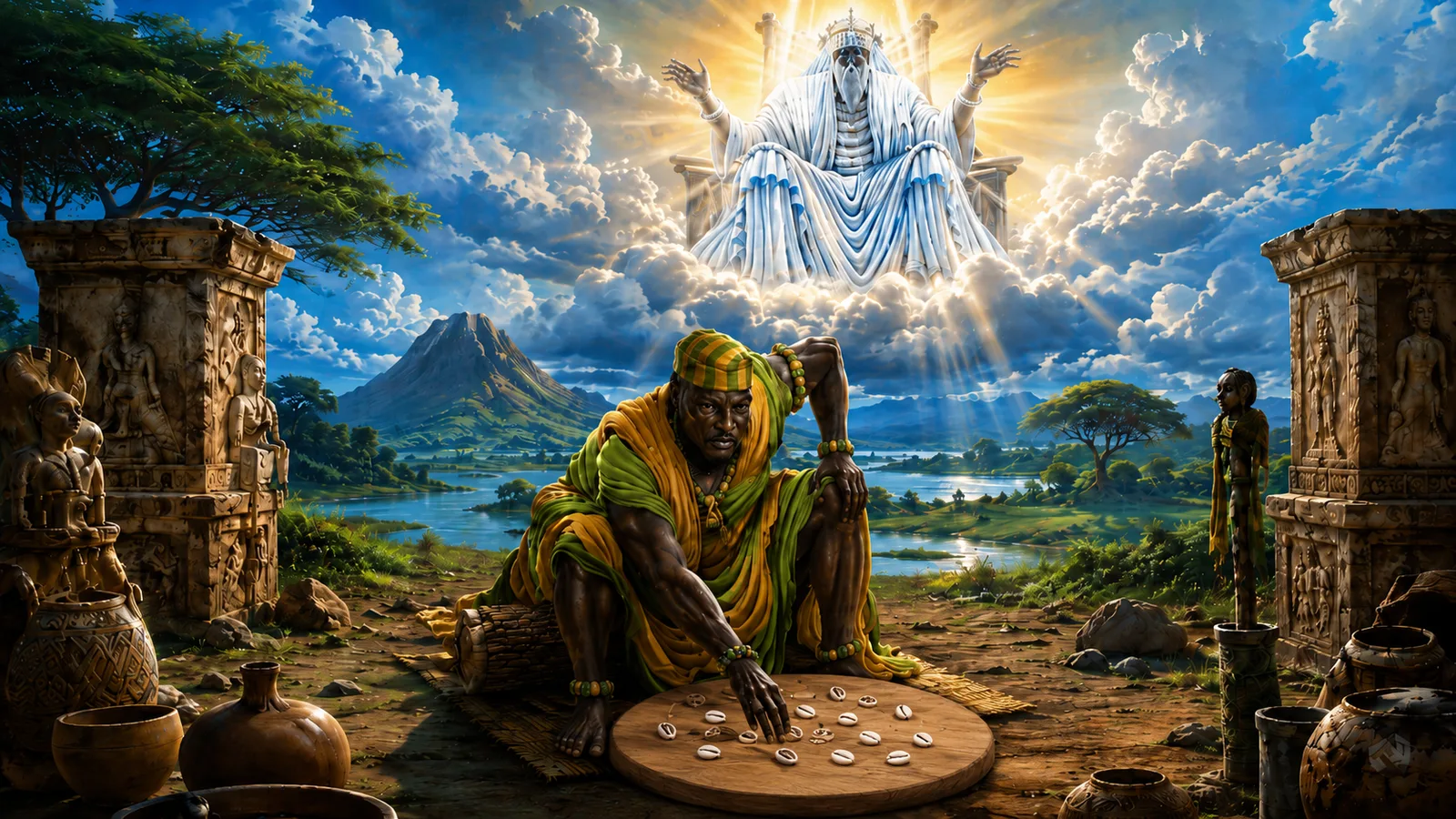 Arte: Òrúnmìlà nas nuvens sobre o jogador de búzios com a tábua redonda