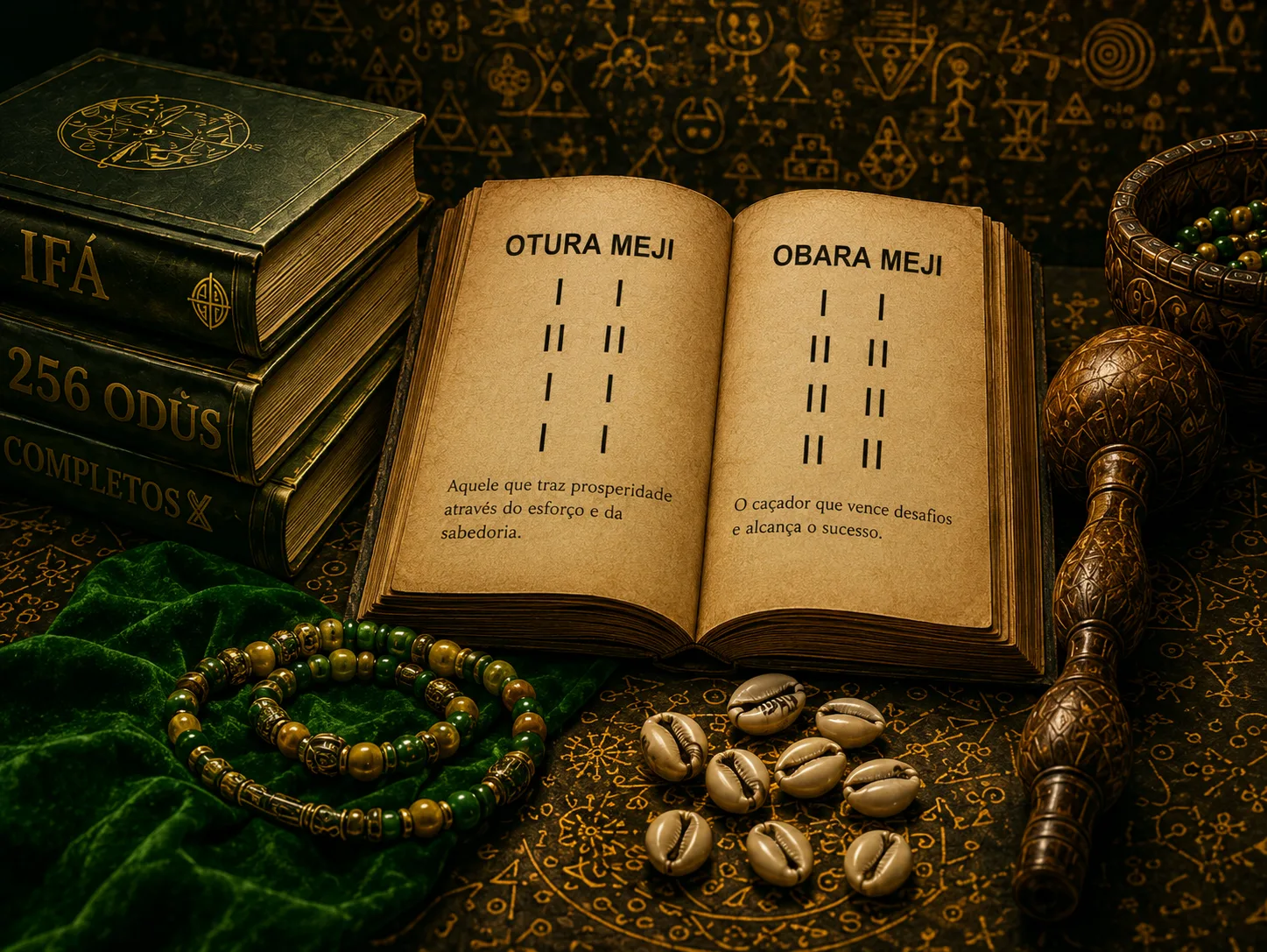 Arte: livro aberto mostrando duas páginas de Odù Méjì com as marcas, ao lado de volumes de Ifá