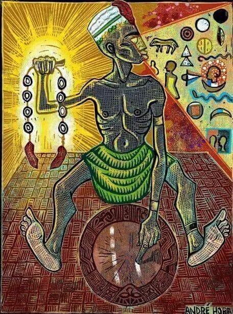 Arte: figura erguendo o Òpèlè, a corrente com as oito favas acesa