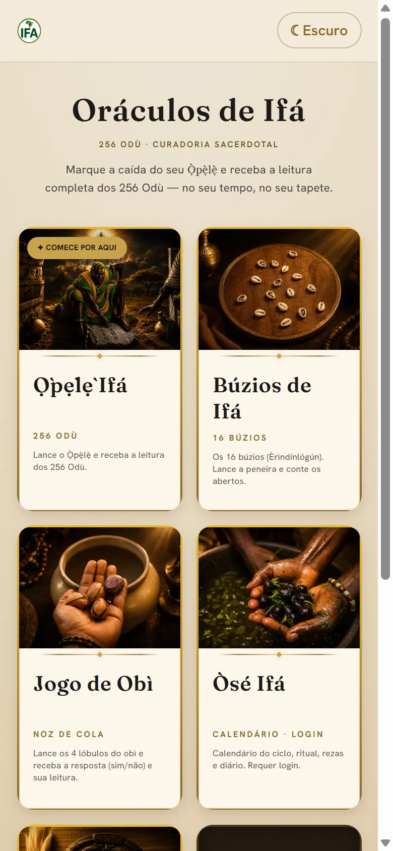 Tela inicial do app Ifá Brasil — os oráculos