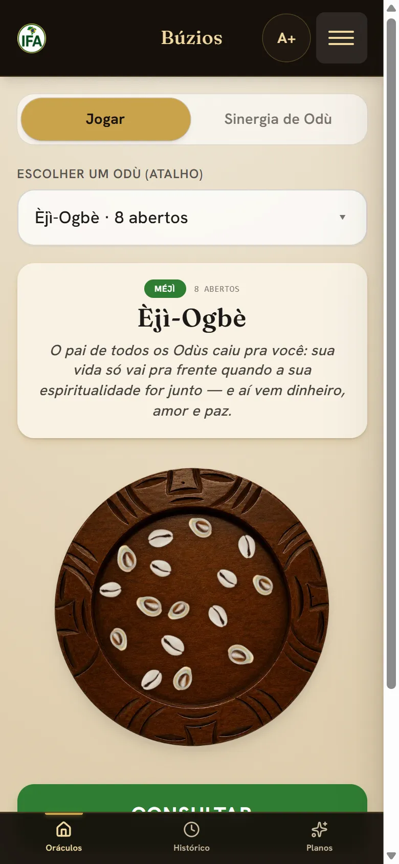 A sala de Búzios do app Ifá Brasil