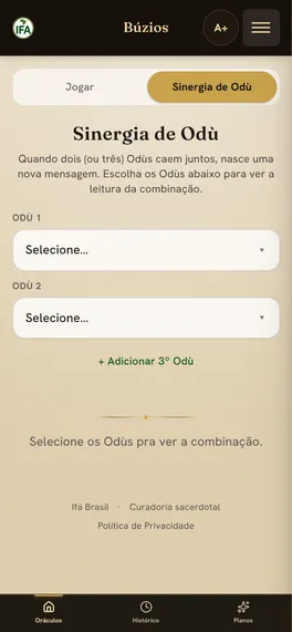 A aba Sinergia de Odù do app: a leitura dos desdobramentos