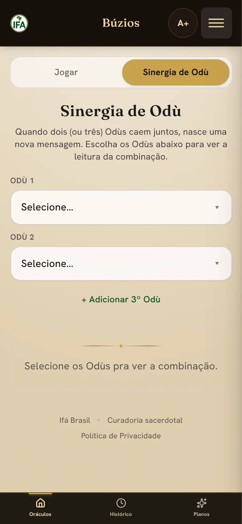 A aba Sinergia de Odù do app: a leitura dos desdobramentos