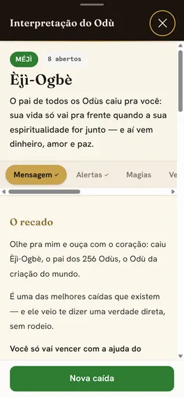 A caída Èjì-Ogbè aberta no app, com as 9 abas de leitura