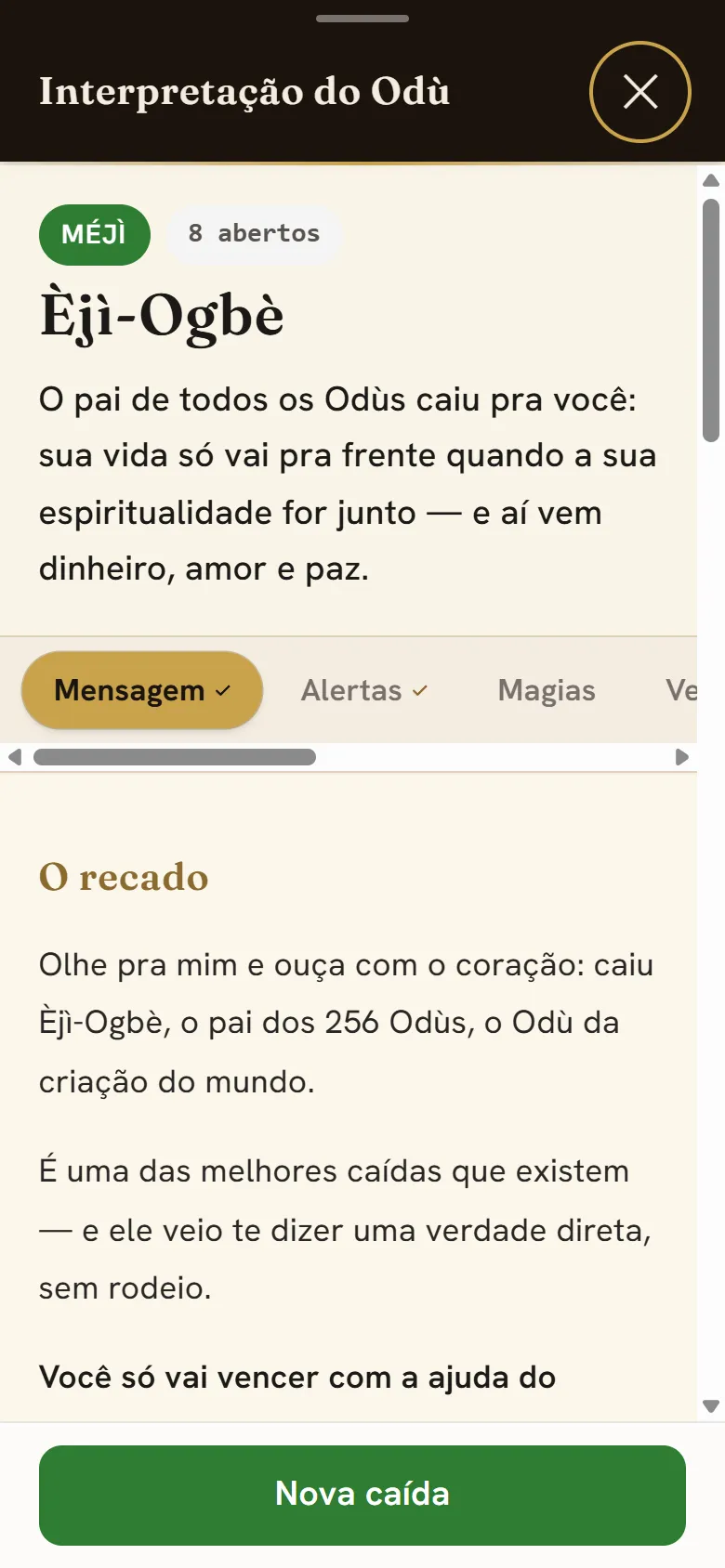 A caída Èjì-Ogbè aberta no app, com as 9 abas de leitura