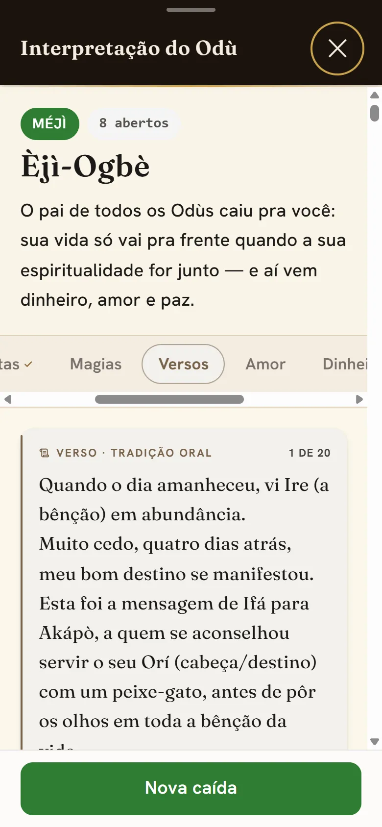 Aba Versos aberta no app, com a fita de abas e o conteúdo — os versos em yorùbá