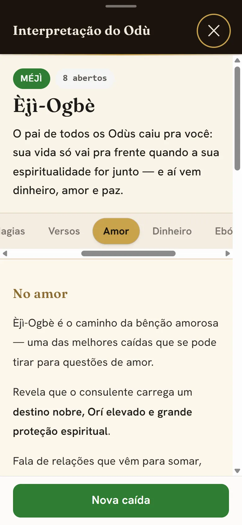 Aba Amor aberta no app, com a fita de abas e o conteúdo — a leitura afetiva