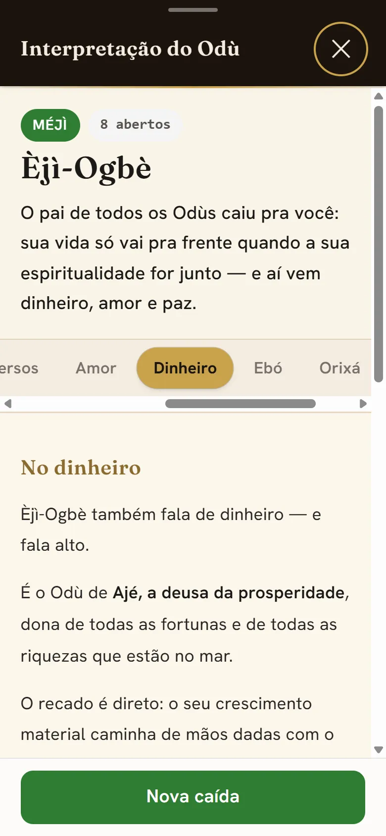 Aba Dinheiro aberta no app, com a fita de abas e o conteúdo — a leitura financeira