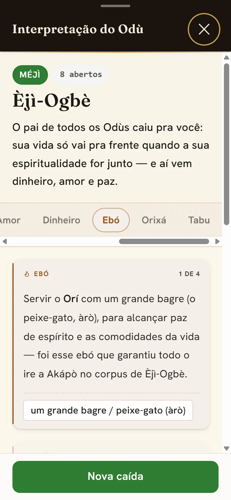 Aba Ebó aberta no app, com a fita de abas e o conteúdo — o ebó que o Odù pede