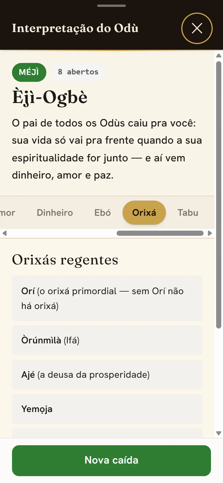 Aba Orixá aberta no app, com a fita de abas e o conteúdo — qual orixá fala ali