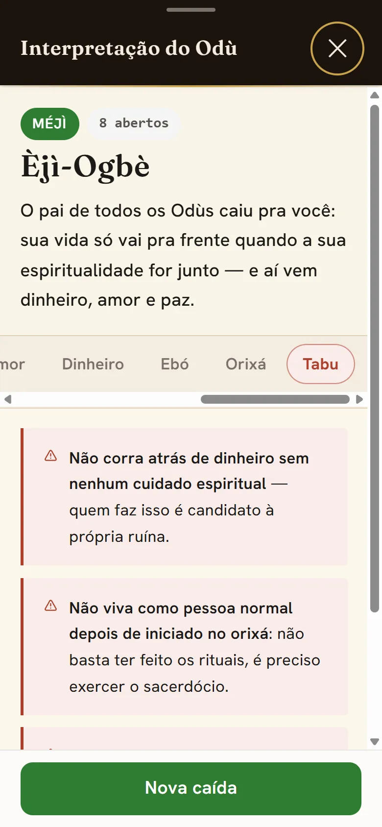 Aba Tabu aberta no app, com a fita de abas e o conteúdo — o que respeitar