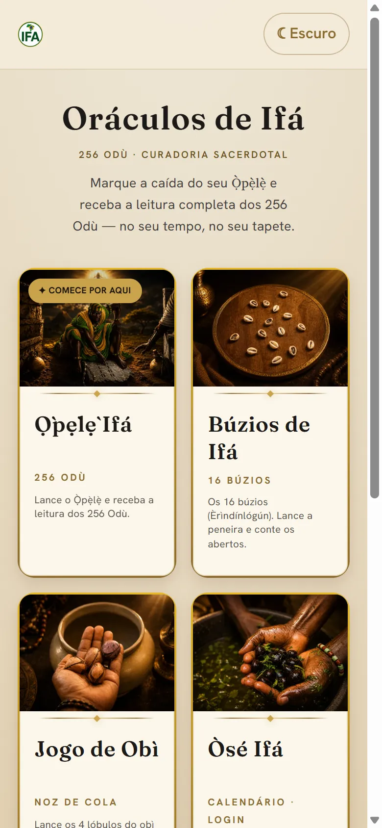 Tela inicial do app Ifá Brasil — Oráculos de Ifá, 256 Odù, curadoria sacerdotal