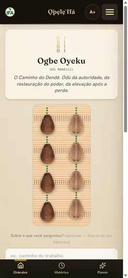 A sala do Òpèlè no app: as 8 favas tocáveis e o botão consultar