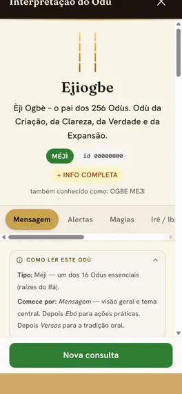 O Odù aberto no app: sigilo, nome, frase-chave e as 9 abas