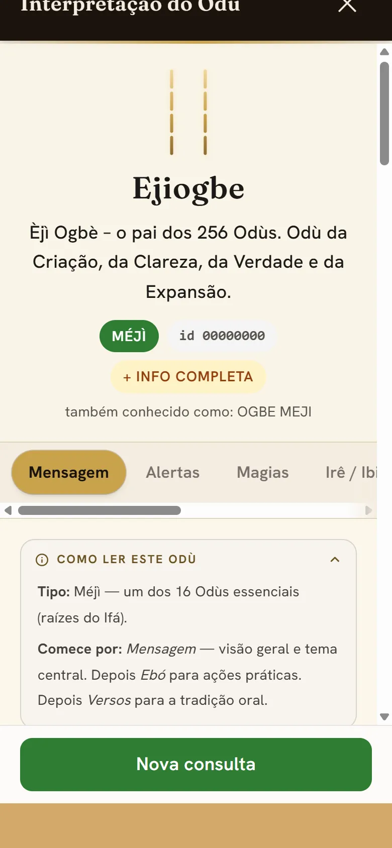 O Odù aberto no app: sigilo, nome, frase-chave e as 9 abas