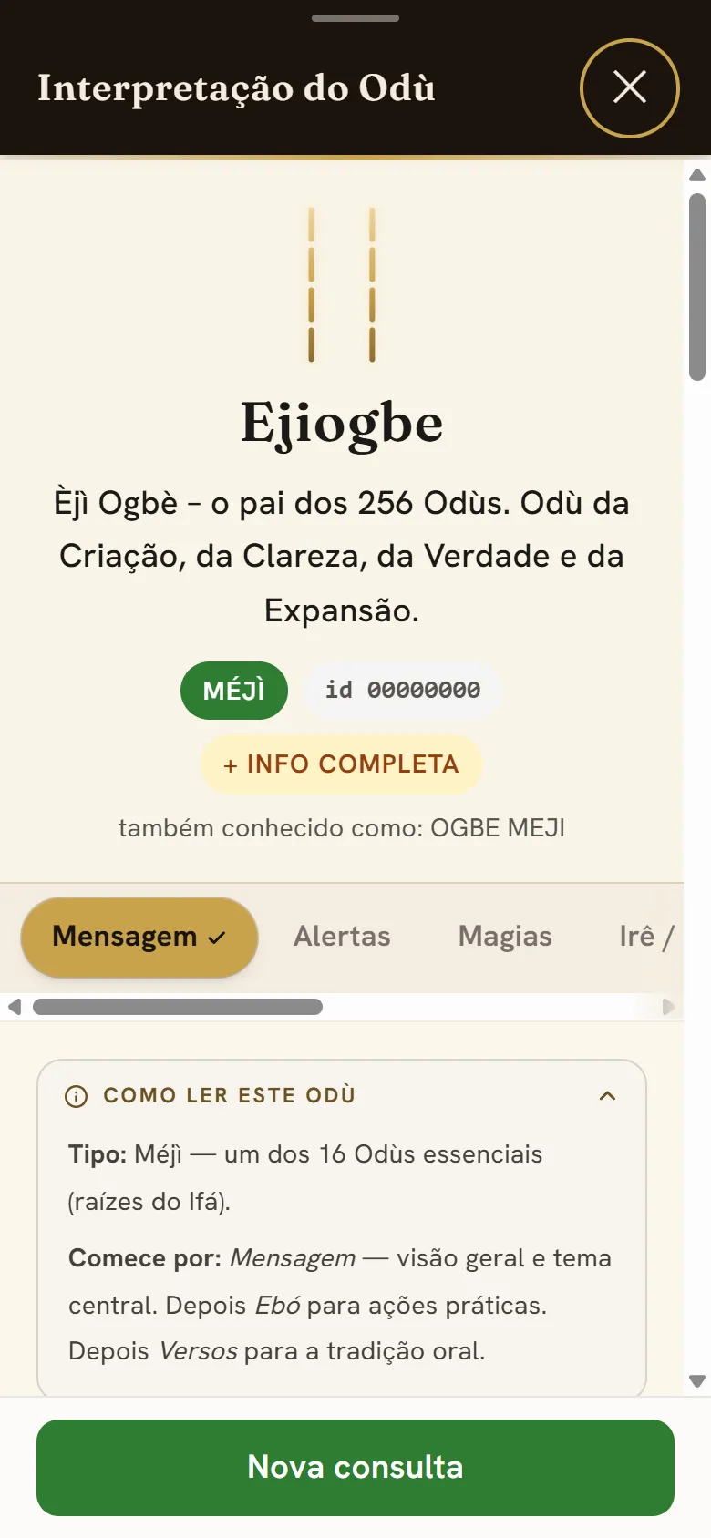 Aba Mensagem aberta no app, com a fita de abas e o conteúdo — a interpretação central