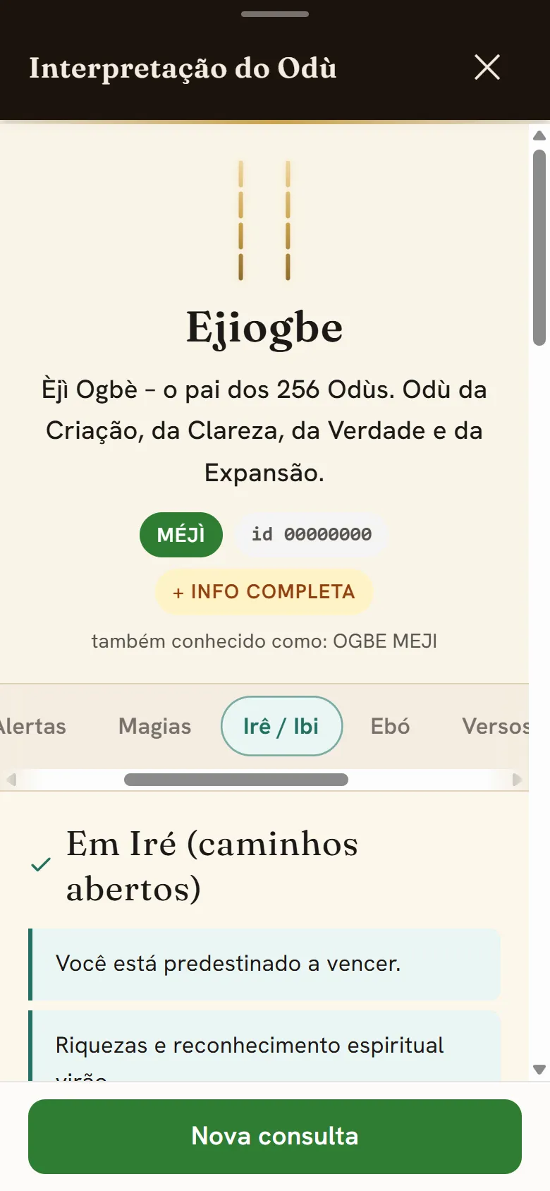 Aba Irê / Ibi aberta no app, com a fita de abas e o conteúdo — bênção ou aviso