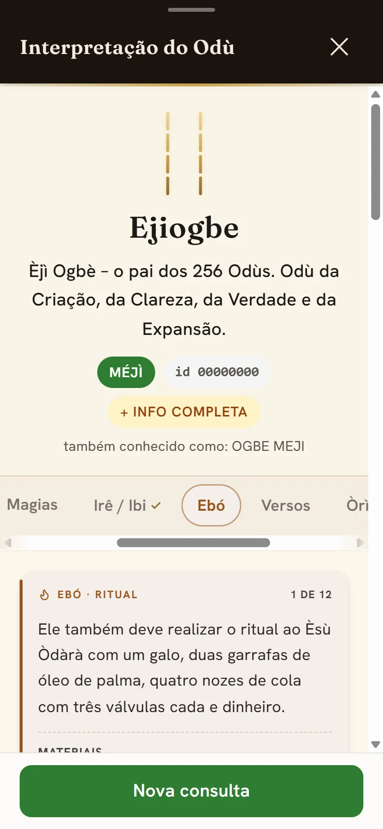 Aba Ebó aberta no app, com a fita de abas e o conteúdo — os ebós que o Odù pede
