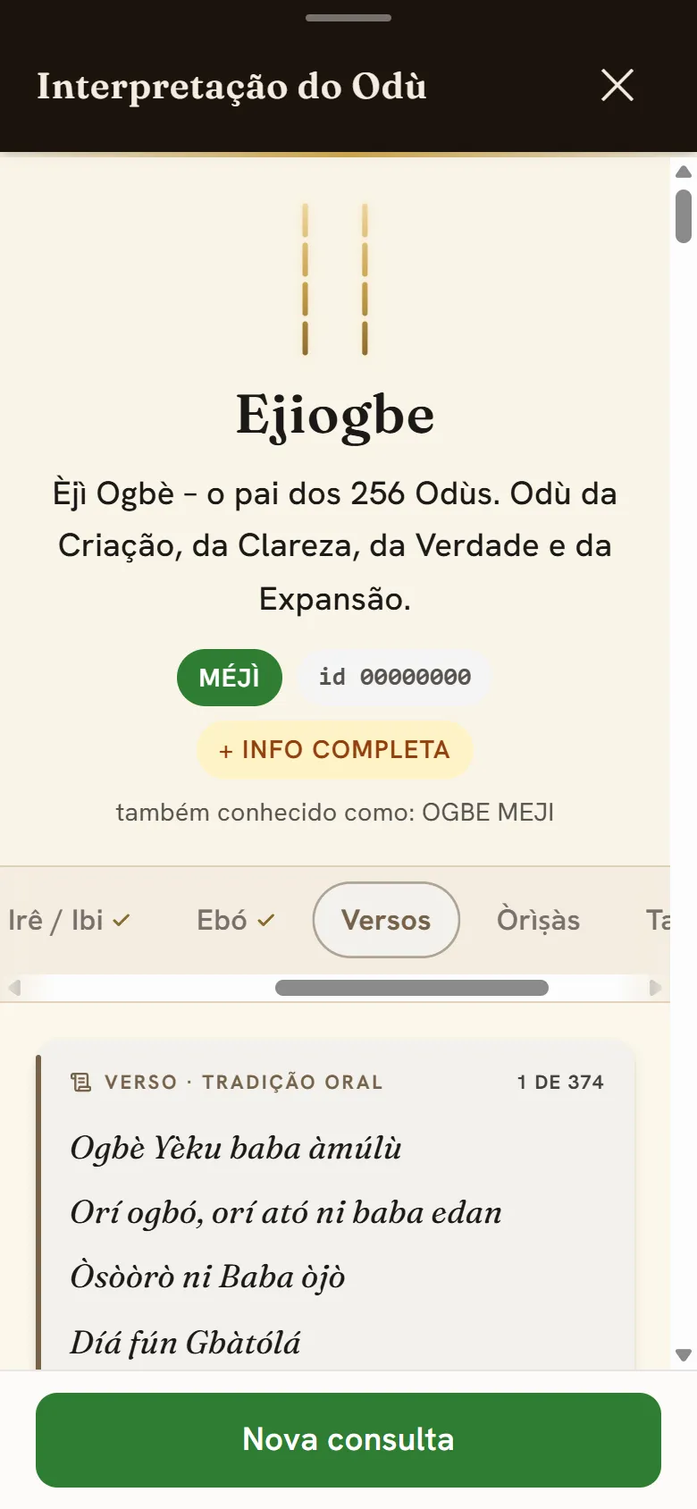 Aba Versos aberta no app, com a fita de abas e o conteúdo — os versos em yorùbá, 1 de 374