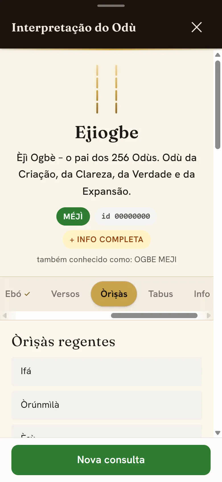 Aba Òrìṣàs aberta no app, com a fita de abas e o conteúdo — os regentes do Odù