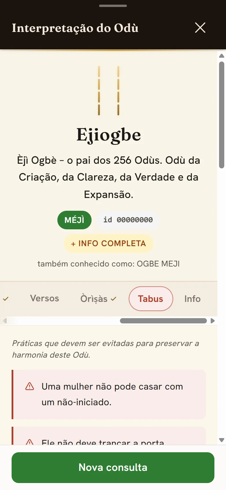 Aba Tabus aberta no app, com a fita de abas e o conteúdo — o que respeitar