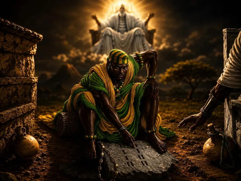 Arte do aplicativo: babalaô sentado diante da pedra com as marcas do Odù riscadas